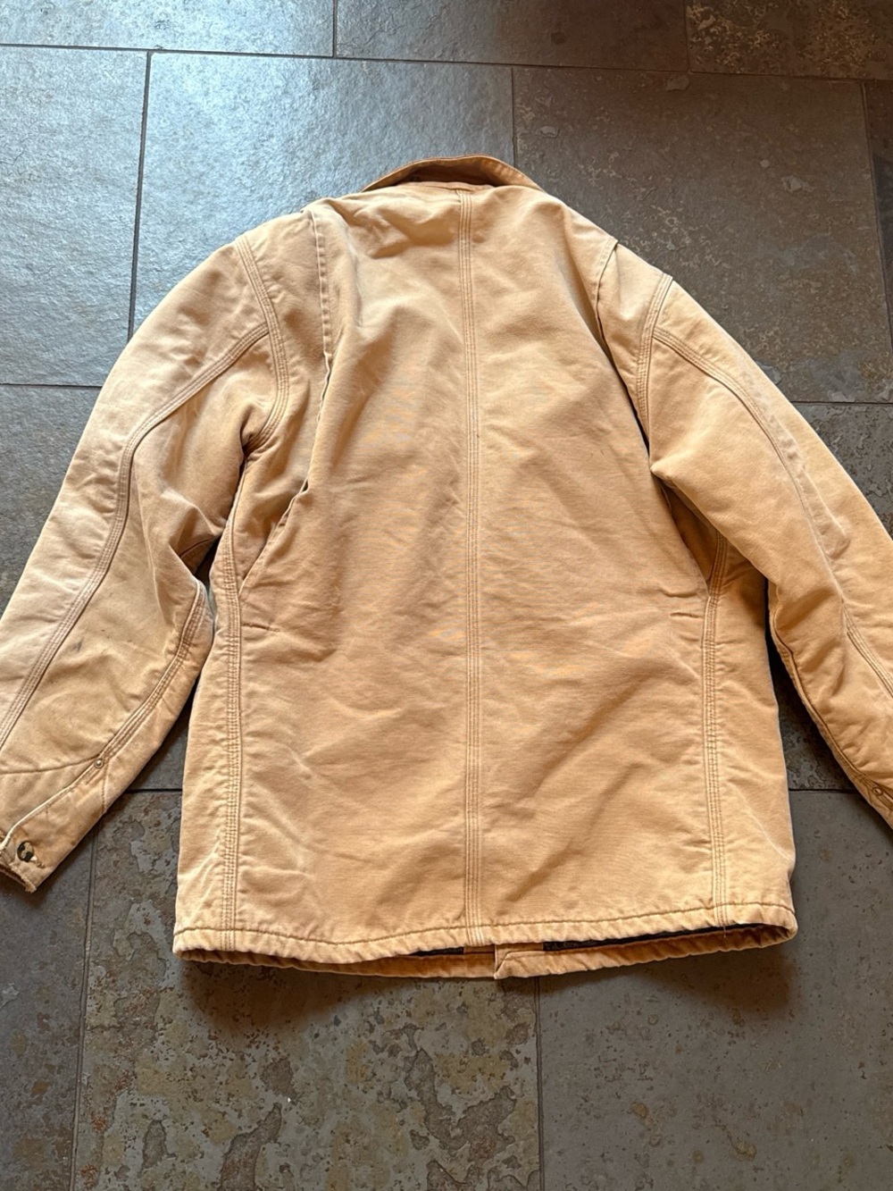 Vintage distressed Carhartt men’s  Tan Utility Jacket with Brown Corduroy Collar - Picture 7 of 8